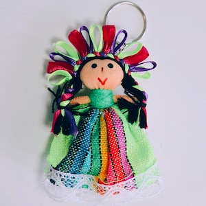 Muñeca Lele Small Traditional Mexican Doll Keychain Handmade with Green Hair Ribbons Mexican Charms Unique Made in Mexico Purse Decoration