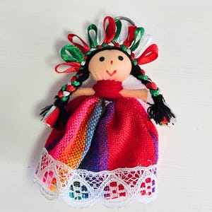 Muñeca Lele Small Traditional Mexican Doll Keychain Handmade with Red Green Ribbons Mexican Charms Unique Made in Mexico Purse Decoration