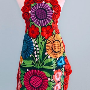 Embroidered Traditional Mexican Mandil/Apron Red Flower Design Three Pockets String Tie Closure Back and Neck