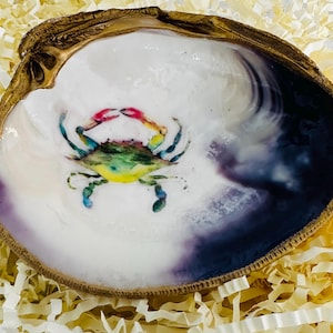 Handcrafted large Nantucket Wampum Quahog Clam Shell - Colorful Crab Design with Gold Edge - Coastal Decor Trinket Dish