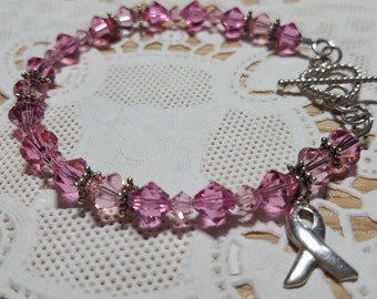 Breast Cancer Awareness Bracelet ~ Hope, Support, Survivor ~ Cancer Awareness Ribbon Charm Bracelet