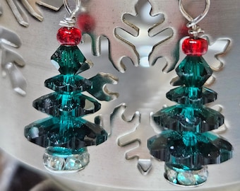 Christmas Tree Holiday Earrings ~ Emerald Green Swarovski Crystal & Sterling Silver  ~ Handmade