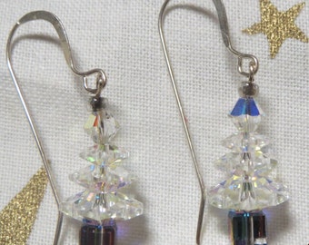 Christmas Tree Holiday Earrings - Clear AB Swarvoski Crystal &  Sterling Silver or Gold Vermeil ~ Handmade