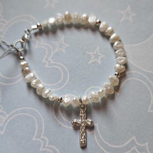 Freshwater Pearl & Sterling Silver Cross Charm Bracelet ~ Baptism, Communion, Confirmation, Flower Girl, Christening