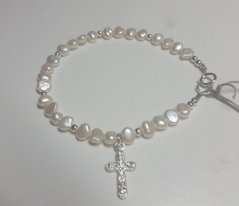 Infant, Baby, Toddler, Child Pearl & Sterling Silver Bracelet with Cross Charm Christening, Baptism, 1st Communion, Confirmation image 1