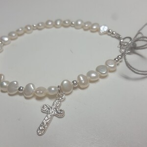 Infant, Baby, Toddler, Child Pearl & Sterling Silver Bracelet with Cross Charm Christening, Baptism, 1st Communion, Confirmation image 4