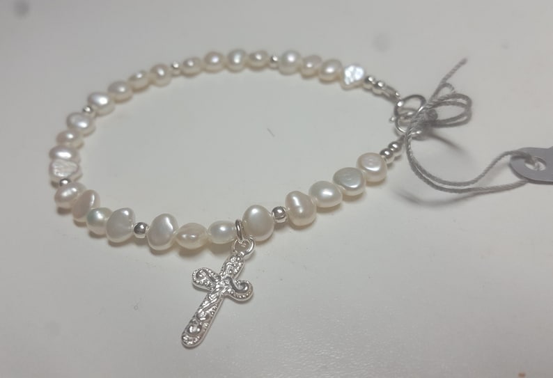 Infant, Baby, Toddler, Child Pearl & Sterling Silver Bracelet with Cross Charm Christening, Baptism, 1st Communion, Confirmation image 4