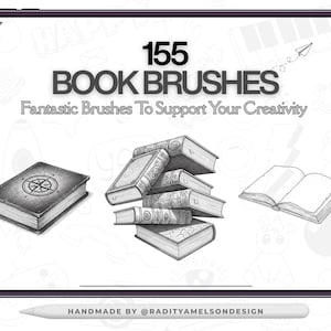 Peut inclure: Image numérique sur tablette avec le texte "155 BOOK BRUSHES" et "Fantastic Brushes To Support Your Creativity". L'image présente des illustrations de livres, d'une boussole et d'un stylet. La tablette est en noir et blanc.