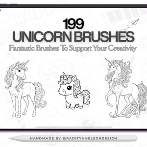 May include: A digital tablet displays a graphic with the text "199 UNICORN BRUSHES" and "Fantastic Brushes To Support Your Creativity". Three unicorn illustrations are shown. A stylus is at the bottom with the text "HANDMADE BY @RADITYAMELSONDESIGN".