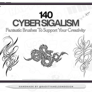 May include: A digital tablet screen displaying 140 CYBER SIGALISM Fantastic Brushes To Support Your Creativity. The screen shows three black and white line art designs, including a coiled snake and two abstract tribal-style patterns.