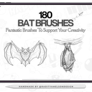 May include: Digital art product displayed on a tablet. The screen shows the text "180 BAT BRUSHES" and "Fantastic Brushes To Support Your Creativity". Two detailed bat illustrations are also visible. A stylus is at the bottom with the text "HANDMADE BY @RADITYAMELSONDESIGN".