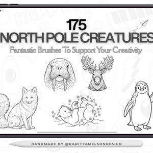 May include: A digital tablet screen displaying the text 175 NORTH POLE CREATURES and Fantastic Brushes To Support Your Creativity. The screen features black and white line art illustrations of a fox, walrus, reindeer, polar bear, and penguin.
