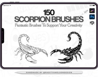 Juego de pinceles Scorpion para Procreate: 150 siluetas de insectos del desierto y elementos de tatuaje