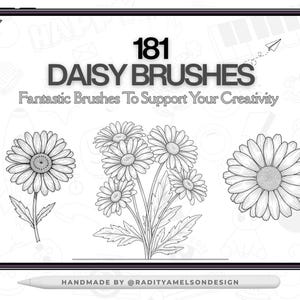 May include: Digital art on a tablet displays daisy flower illustrations and the text "181 DAISY BRUSHES." The phrase "Fantastic Brushes To Support Your Creativity" is also visible. A stylus rests below the tablet, with the text "HANDMADE BY @RADITYAMELSONDESIGN."