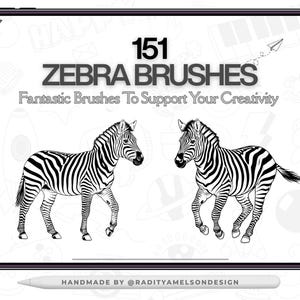 May include: A digital tablet displays a graphic with the text "151 ZEBRA BRUSHES" and "Fantastic Brushes To Support Your Creativity". Two zebras are illustrated in black and white. The tablet is held by a black border. A stylus is at the bottom.