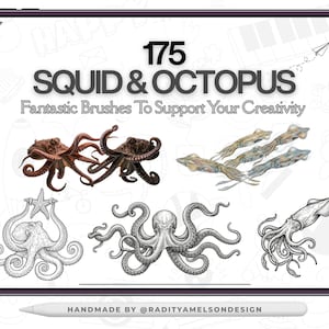 May include: A digital tablet screen displaying the text 175 SQUID & OCTOPUS Fantastic Brushes To Support Your Creativity. The screen shows two brown octopuses, a group of four light-colored squids, and three black and white line art illustrations.