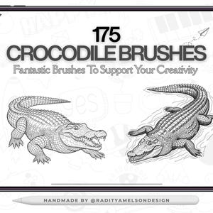 May include: A tablet screen shows digital art of 175 crocodile brushes. The text reads "CROCODILE BRUSHES" and "Fantastic Brushes To Support Your Creativity." Two detailed crocodile illustrations are shown, with a stylus. The design is handmade.