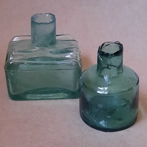 ink well lot collection of 2 set lot antique aqua blue green ink bottle vintage glass unearthed jar sea glass