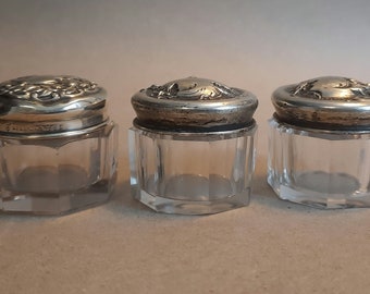 Sterling silver lidded glass dresser jars Victorian Repousse beautiful originally for creams or talc sold individually