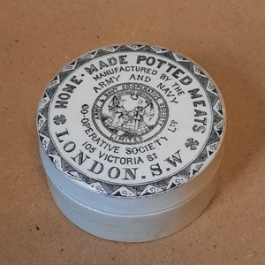 English advertising pot black transferware potted meats paste jar paste pot lid ironstone stoneware