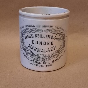 English advertising jar marmalade jar dundee keiller pot lid graphic typography black and white transferware ironstone stamp meat crock