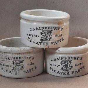 English Advertising crock jar with great graphics typogrophy s monogram sainsburys meat bloater paste england ironstone black white transfer