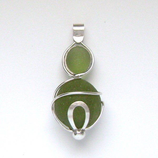 Sea Glass Jewelry - Sterling Double Green Sea Glass Pendant