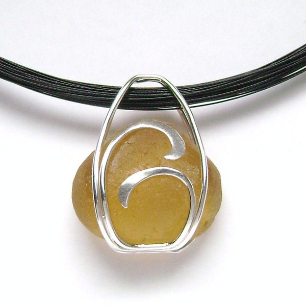 Sterling Rare Golden Amber Sea Glass Necklace