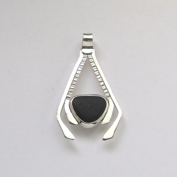 SALE!!!  Sea Glass Jewelry - Sterling Rare Black English Sea Glass Pendant