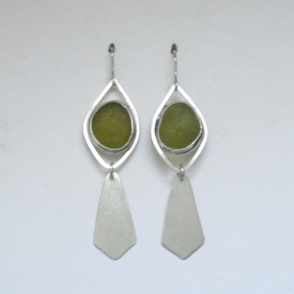 Sea Glass Jewelry - Sterling Olive Green Sea Glass Earrings
