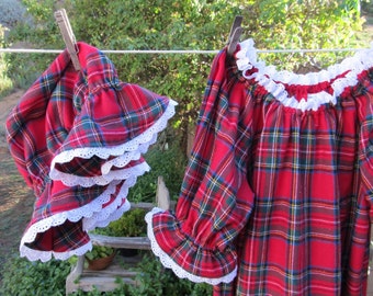 Women's Flannel Prairie Nightgown & Mob Cap Red Christmas Plaid Eyelet Lace Custom Made XSm - 2X
