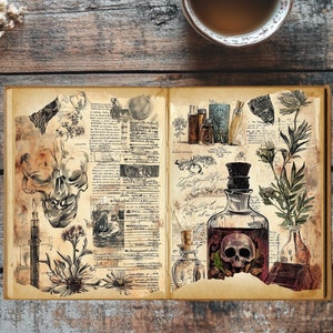 May include: An open vintage book with pages filled with handwritten notes, sketches, and illustrations. The book features a skull, flowers, and bottles of potion. The text on the page reads "The Spirit of the Forest".