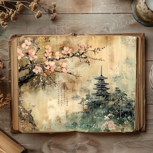 Golden Serenity Kollektion | 10 Junk Journal Seiten + 3 Bonus | Asiatisch inspirierte Ephemera
