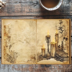 May include: An open antique book with a vintage aesthetic. The pages are yellowed and have a distressed look. The book is decorated with a drawing of three candles in candle holders and a floral design.