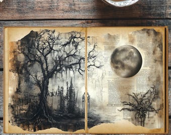 Lunar Shadows: Gothic Moon Junk Journal Kit – 10 Pages + Bonus Page - Digital Download