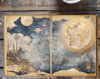 Celestial Alchemy Junk Journal Pages - Vintage Moon & Stars Digital Paper, Mystic Scrapbook Ephemera, Printable Collage Sheets