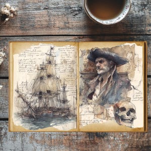 Carte au trésor pirate Pages de journal indésirable - éphémères numériques nautiques vintage - kit imprimable scrapbooking pirate - ensemble de 13 pages PNG