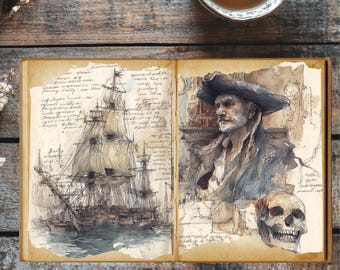 Pirate Treasure Map Junk Journal Pages - Vintage Nautical Digital Ephemera - Printable Pirate Scrapbook Kit - 13 Page PNG Set