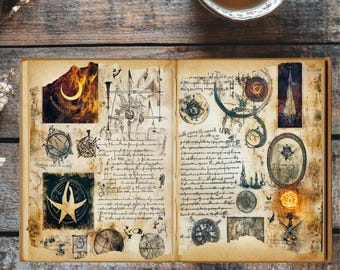 Può includere: Un libro antico aperto, con illustrazioni dettagliate e note manoscritte. Le pagine presentano immagini celesti e mistiche, tra cui una luna crescente, bussole e simboli a forma di stella. Il libro è posto su una superficie di legno rustico, con una tazza di tè sullo sfondo.