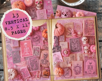 Spooky Junk Journal Pages, Halloween Pastel Goth Kit, Pink Skeleton Ephemera, Witchy Printable, Gothic Halloween Digital Collage, Skull Art
