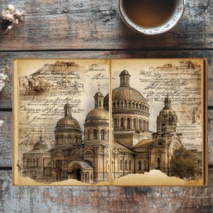 Peut inclure: Un livre ouvert de style vintage avec une illustration architecturale d'une cathédrale, présentant plusieurs dômes et des détails complexes. Les pages ont une texture de papier vieilli avec une écriture manuscrite. Une tasse de thé est posée en haut à droite, sur une surface en bois rustique.