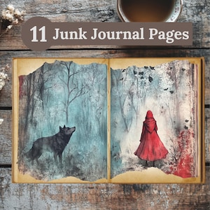 Little Red Riding Hood Junk Journal Kit | 11 Vintage Fairy Tale Pages | Red Cloak Gothic Forest | PNG | Printable Ephemera