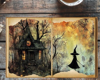 Witch Cottage Junk Journal Pages | Vintage Halloween Printable Kit | 10 Pages + 3 Bonus | Gothic Witch Ephemera PNG | 8.5x11”