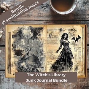 48 Page Bundle - The Witch’s Library | Vintage Junk Journal Pages Gothic Grimoire, Mystic Witchcraft Ephemera, Dark Academia Aesthetic