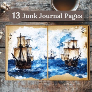 Japanische Piratenschiff Junk Journal Seiten | Vintage High Sea Schatzkarte Ephemera | 10 PNG digitale Collage Sheets für Journaling