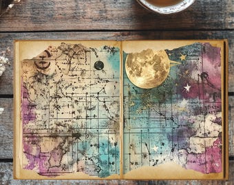 Celestial Reverie Junk Journal Kit | 10 Vintage Astrology Pages + 8 Bonus | Constellation Printable | Mystical Moon & Star Ephemera