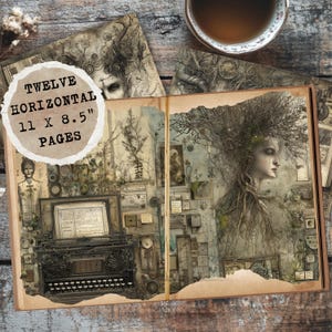 以下が含まれることがあります： 芸術的なイラストと「TWELVE HORIZONTAL 11 X 8.5" PAGES」のテキストが入った開いたジャーナル。ジャーナルには、ヴィンテージのタイプライター、植物の要素、木の髪を持つ女性の肖像画が描かれています。近くにはお茶のカップがあります。