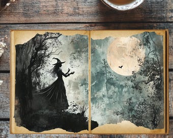 Witch in Moonlight Junk Journal Pages – 13 Vintage Gothic Witchcraft Backgrounds, Dark Witch PNGs, 8.5x11” Printable Paper Kit