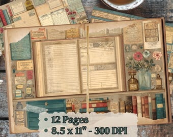 May include: A digital scrapbook paper set featuring vintage ephemera, open ledger books with lined pages, botanical illustrations of flowers in glass jars, apothecary bottles, and a bookshelf with colorful spines. Text reads 12 Pages, 8.5 x 11 - 300 DPI, Digital Download.