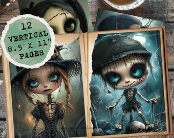 May include: An open book with two illustrated pages featuring gothic doll-like figures with stitched features and large eyes. The book is surrounded by additional illustrations and the text "12 VERTICAL 8.5 X 11" PAGES" in a green circle.